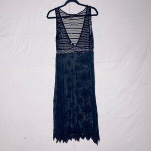 Vintage Simon Chang Sheer Black Deep V Neck Embroidered Sequinned Midi Dress 4